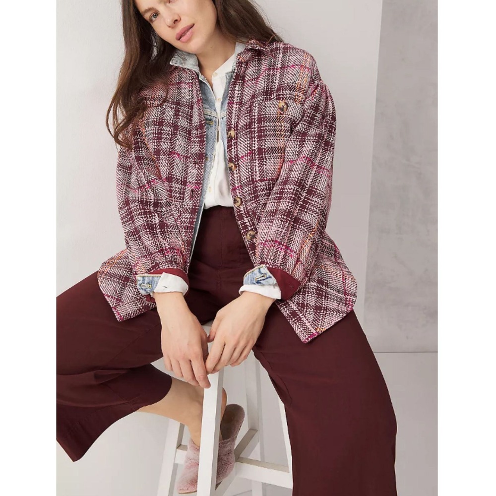by Anthropologie Plaid Shacket Women M Burgundy Woven Button Down Jacket